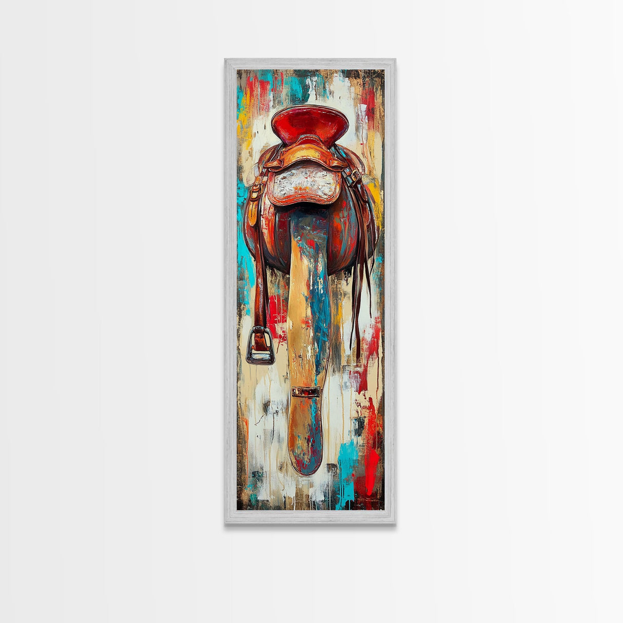 Rustic Saddle Painting Canvas Print Farmhouse Wall Art Moody Art Rustic Decor Southwest Wall Art Tall Narrow Art