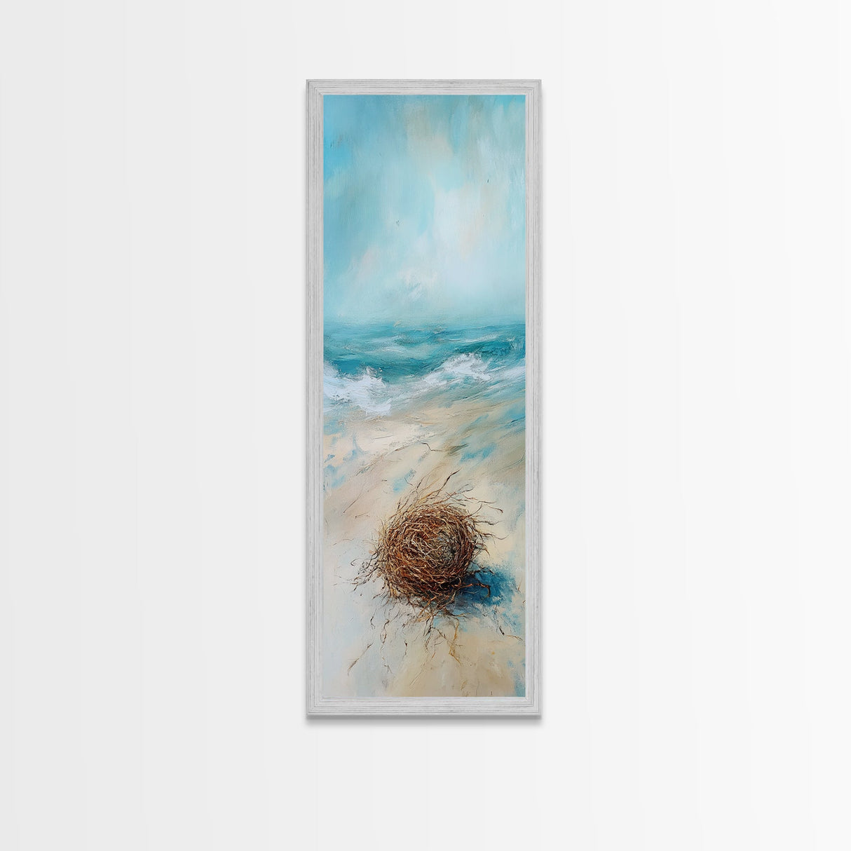 Serene Beach Nest Framed Canvas Print coastal landscape art wabi sabi wall art minimalist art nautical decor ocean painting seascape