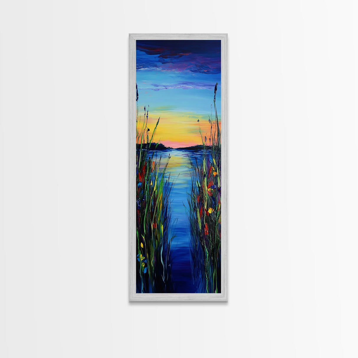 Vibrant Lake Reflection Framed Canvas Print lake Tahoe art landscape painting sunset over water coastal decor extra wide wall art