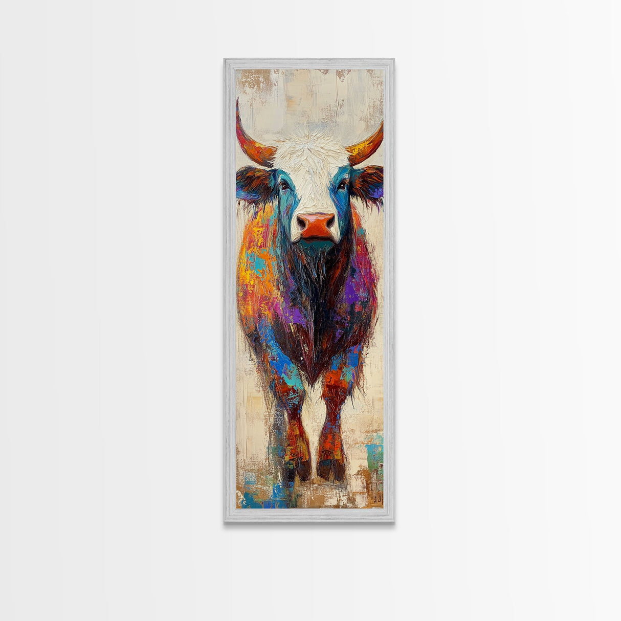 Colorful Bull Painting Canvas Print rustic wall art, barn landscape oil painting, farmhouse art, gift idea him, moody art decor