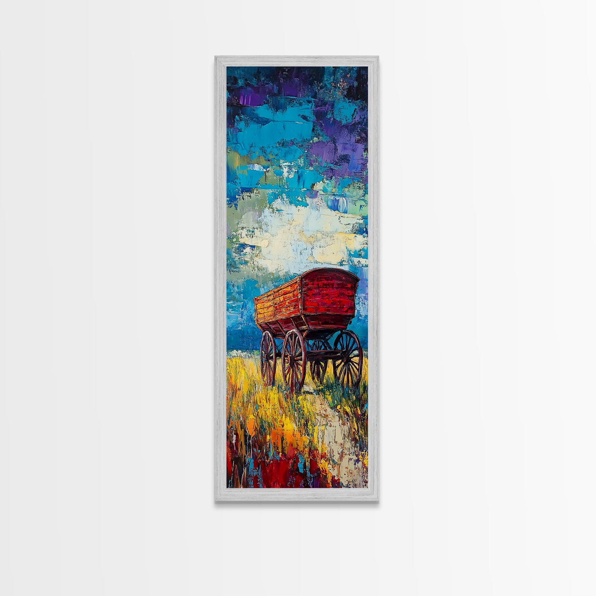 Impressionist Wagon on Blue Canvas Print rustic wall art, farmhouse art, barn landscape oil painting, vintage art, moody art, gift idea him