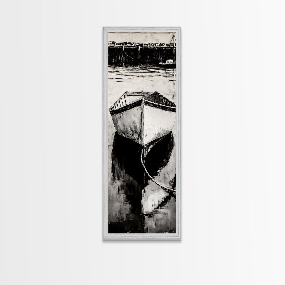 Monochrome Boat Reflection Framed Canvas Print nautical painting moody art coastal wall art nautical wall art gift idea for him