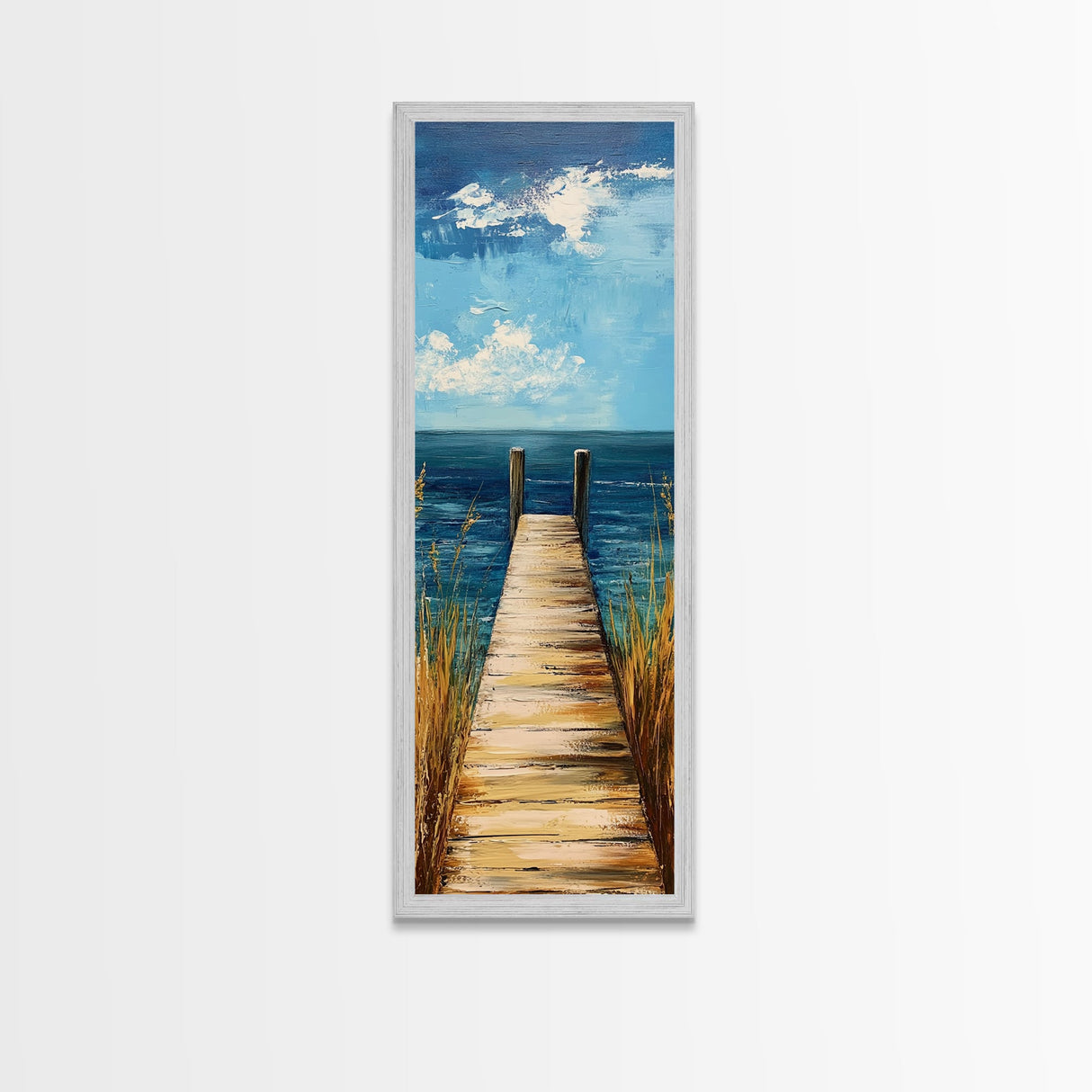 Coastal Dock Painting Framed Canvas Print, Nautical Decor, Coastal Landscape Art, Seascape Painting, Blue and Green Wall Art, Bedroom Art