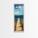 Coastal Dock Painting Framed Canvas Print, Nautical Decor, Coastal Landscape Art, Seascape Painting, Blue and Green Wall Art, Bedroom Art