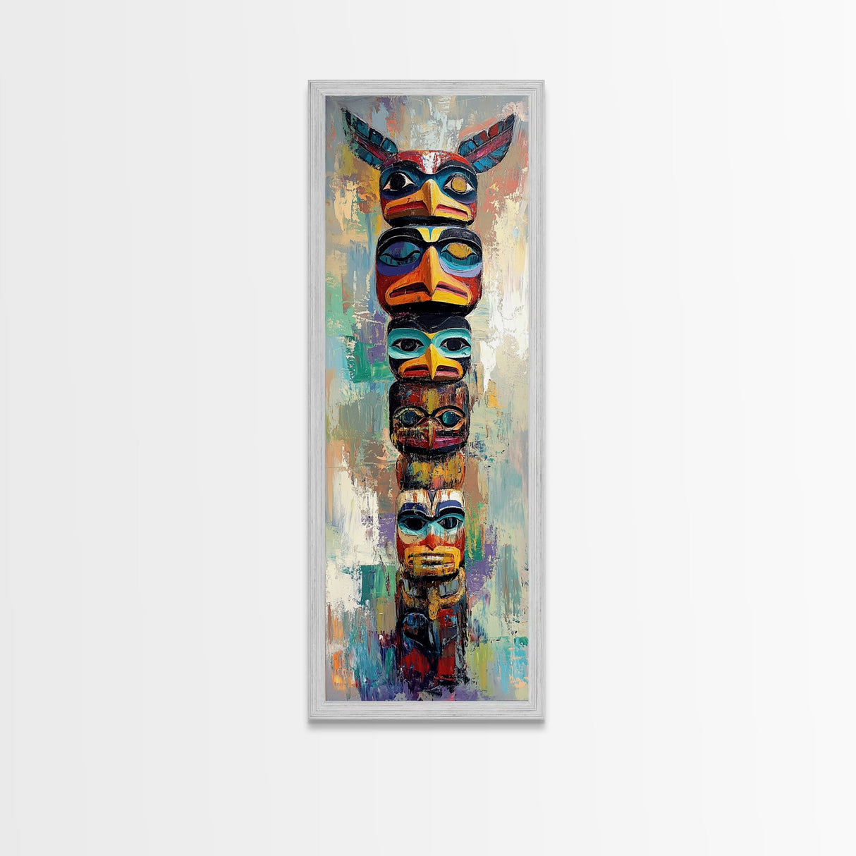 Totem Pole Framed Canvas Print tribal art rustic decor abstract painting blue and green wall art moody art tall narrow art unique wall art