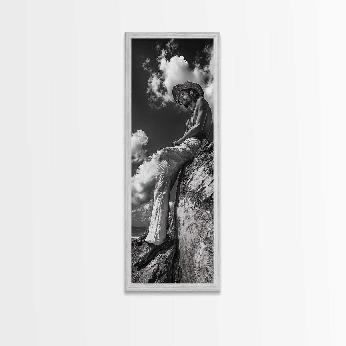 Bohemian Man, Clifftop Reflection, Framed Canvas Print, Coastal Cowgirl Wall Art, Rustic Décor, Boho Art, Minimalist Art