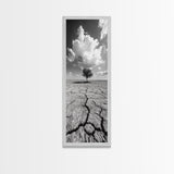 Lone Tree, Cracked Earth, Framed Canvas Print, wabi sabi art, moody art, landscape painting, above bed wall art,minimalist art, extra wide art
