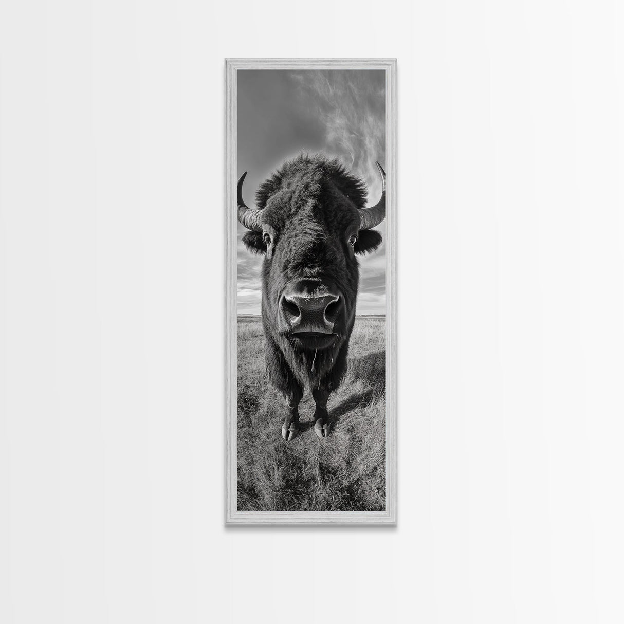 Majestic Bison Close-Up, Framed Canvas Print, rustic wall art, cowboy home décor, wildlife photography, farmhouse art, black and white photography