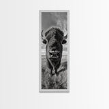Majestic Bison Close-Up, Framed Canvas Print, rustic wall art, cowboy home décor, wildlife photography, farmhouse art, black and white photography