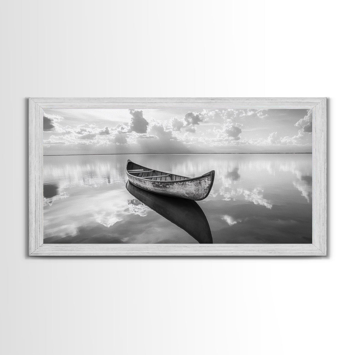 Tranquil Canoe Reflection, lake Tahoe art, nautical decor, seascape painting, coastal landscape art, panoramic painting, framed canvas print