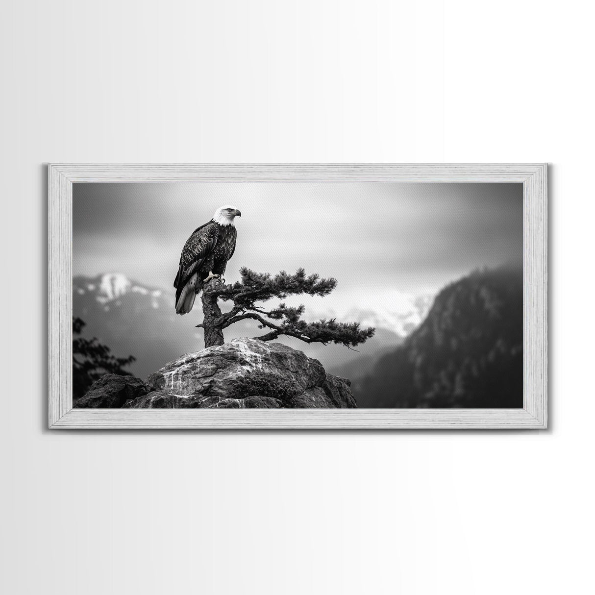 Majestic Bald Eagle, pine tree art, bird art, nature photography, mountain painting, wildlife art, extra wide art, framed canvas print