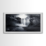 Powerful Waterfall Mist, nature wall art, moody art, mountain painting, black and white photography, dramatic landscape, framed canvas print