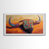 Vibrant Bull Skull, southwest wall art, rustic decor, boho art, moody art, unique gift idea, bright bold painting, framed canvas print