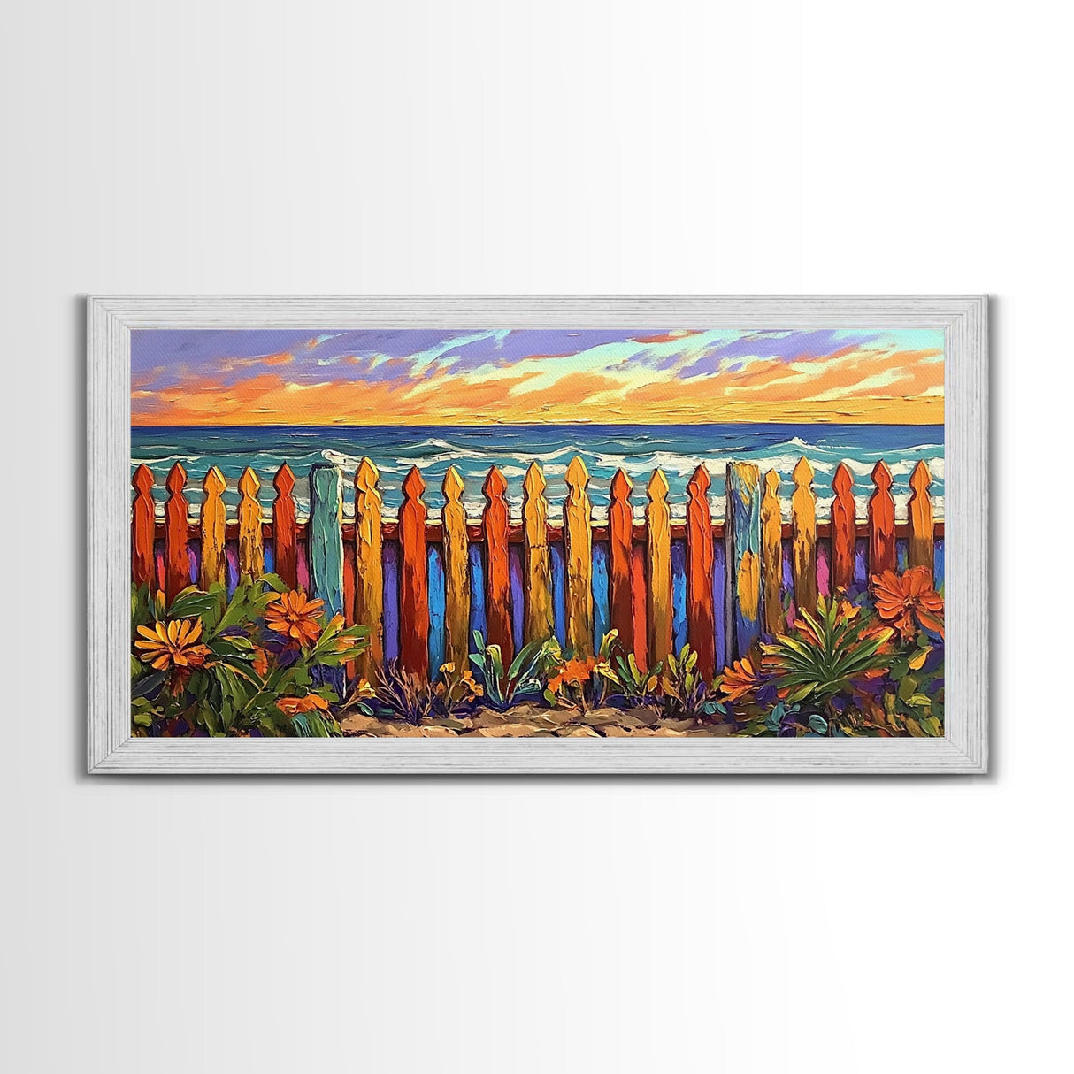 Vibrant Coastal Fence, beach decor, coastal landscape art, coastal wall art, nautical painting, extra wide art, framed canvas print