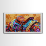 Western Saddle, cowboy art, rustic western decor, saddle painting, framed canvas print, boho art, extra wide art, gift idea him