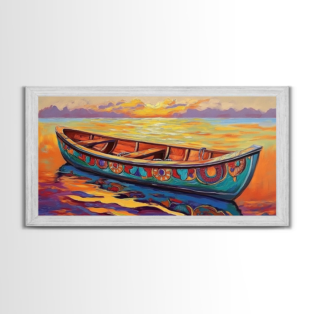 Sunset Canoe, seascape painting, coastal painting, nautical wall art, above sofa art, ocean decor, bright colors, Canvas Print