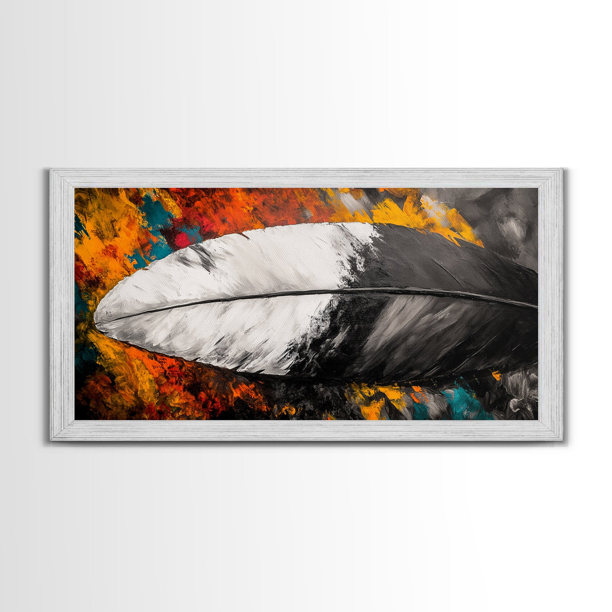 Feather Painting, whimsical art, black and white painting, abstract painting, moody art, colorful background, modern decor, Framed Canvas Print
