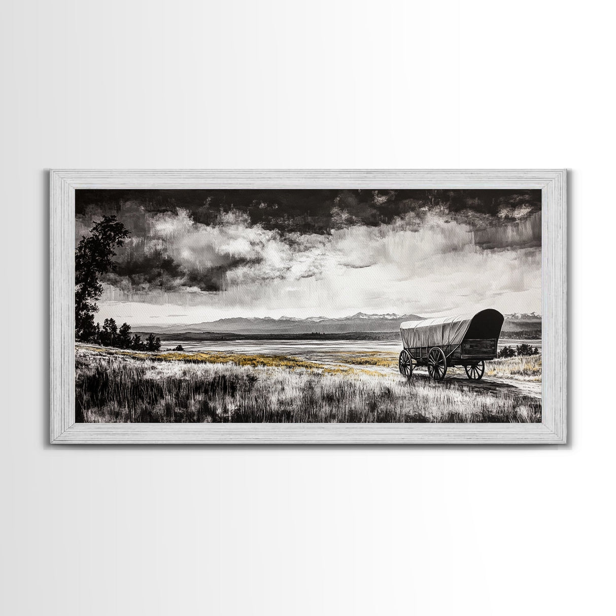 Covered Wagon, barn landscape oil painting, rustic wall art, farmhouse decor, panoramic art, smoky mountain art, Framed Canvas Print, landscape