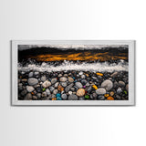 Pebble Beach, coastal landscape art, wabi sabi art, rustic decor, moody art, panoramic painting, seascape painting, Framed Canvas Print, zen art