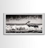 Pelican, coastal wall art, nautical painting, black and white art, seascape painting, ocean bird, Framed Canvas Print, beach decor
