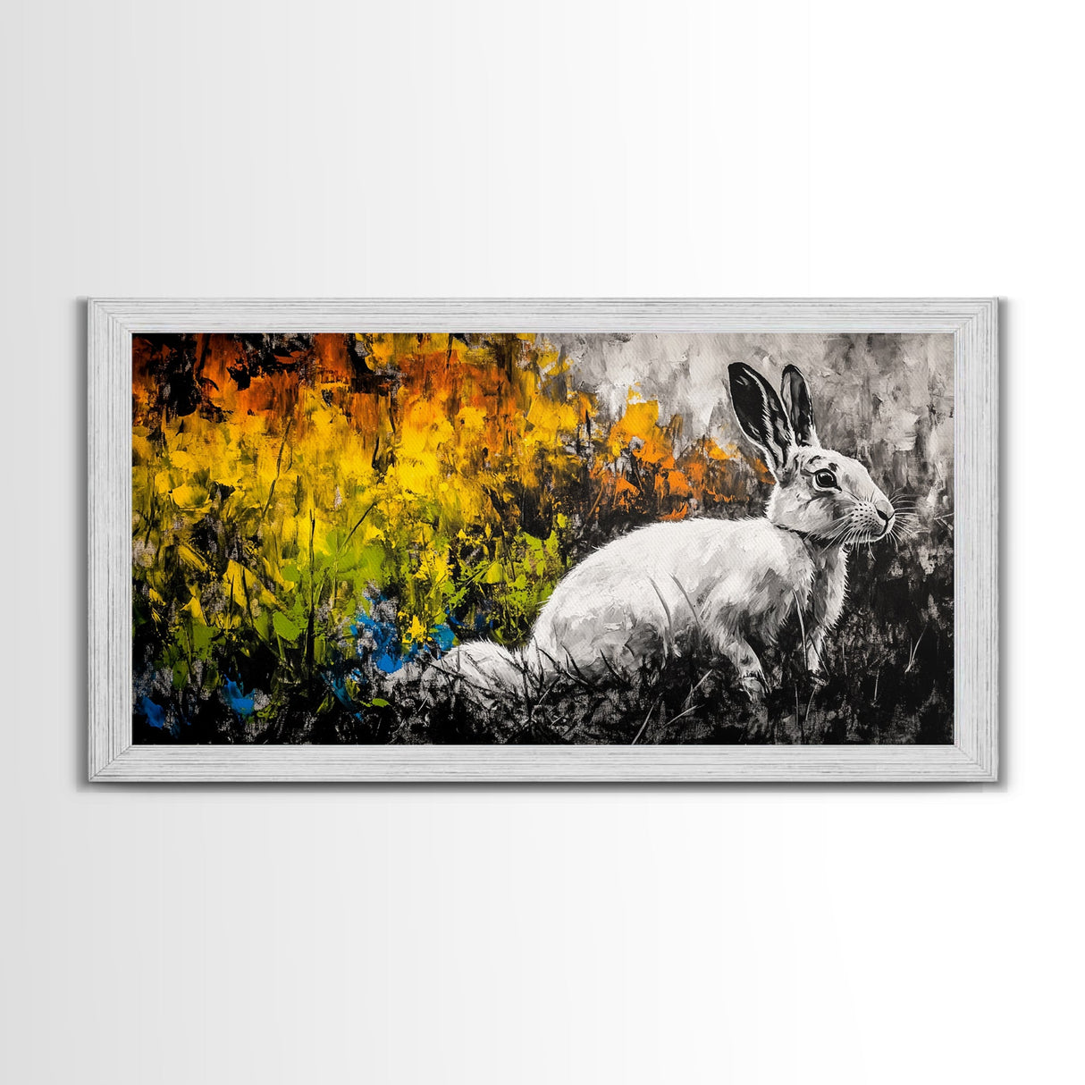 White Rabbit, whimsical art, forest at dusk painting, rustic wall art, farmhouse art, wildflower painting, Framed Canvas Print, cozy decor