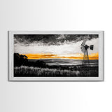 Windmill Sunset, windmill wall art, rustic decor, farmhouse art, landscape painting, extra wide art, framed canvas print, panoramic art