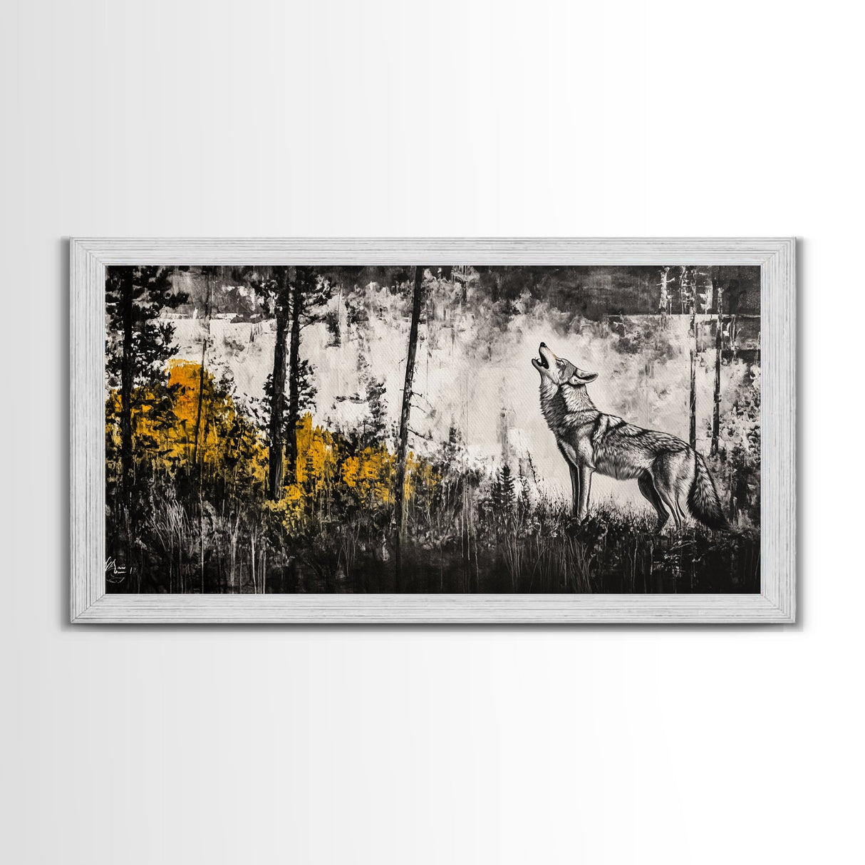 Howling Wolf, moody art, pine tree art, rustic wall art, forest at dusk painting, extra wide art, framed canvas print, southwestern art