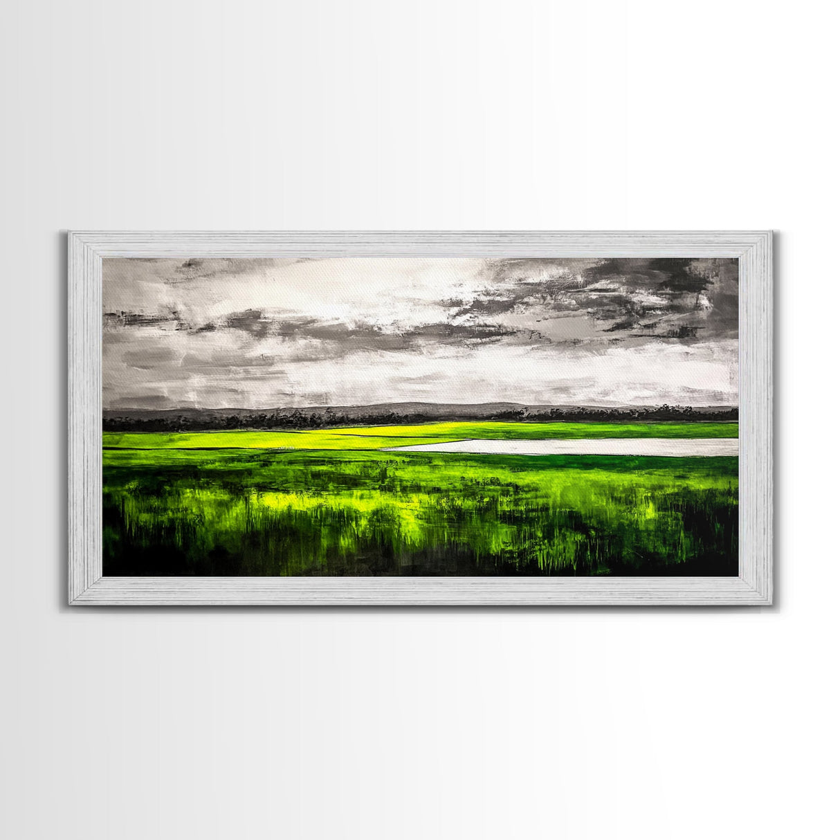 Marsh Landscape Painting, Green Wall Art, Nature Artwork, Panoramic Art, Extra Wide Art, Framed Canvas Print, Rustic Home Decor