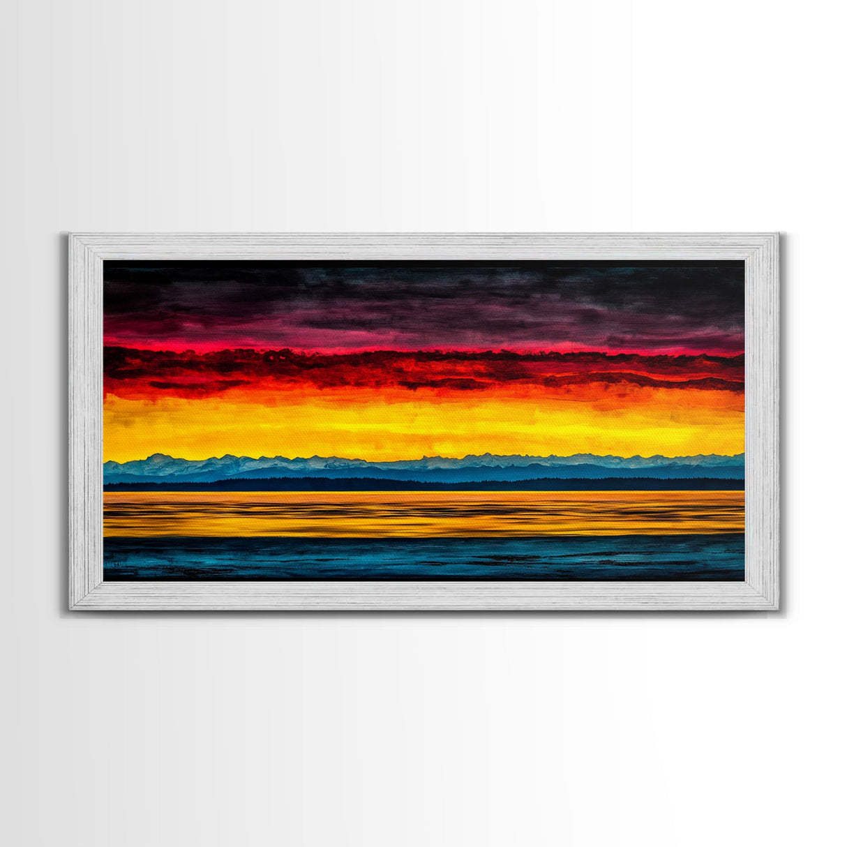 Sunset Over Water, Colorful Horizon Painting, Coastal Wall Art, Extra Wide Art, Framed Canvas Print, Above Sofa Art, Ocean Lover Gift