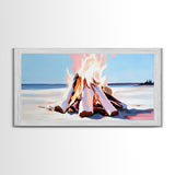 Campfire, moody art, coastal landscape art, framed canvas print, rustic decor, fire painting, extra wide art, landscape painting