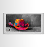 Vibrant Cowboy Hat Framed Canvas Print | Western Wall Art | Chicano Art | Moody Art | Southwest Decor | Rustic Art | Extra Wide Art