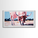 Texas Longhorn, rustic decor, bull and bear art, southwest wall art, pink orange wall art, extra wide art, framed canvas print