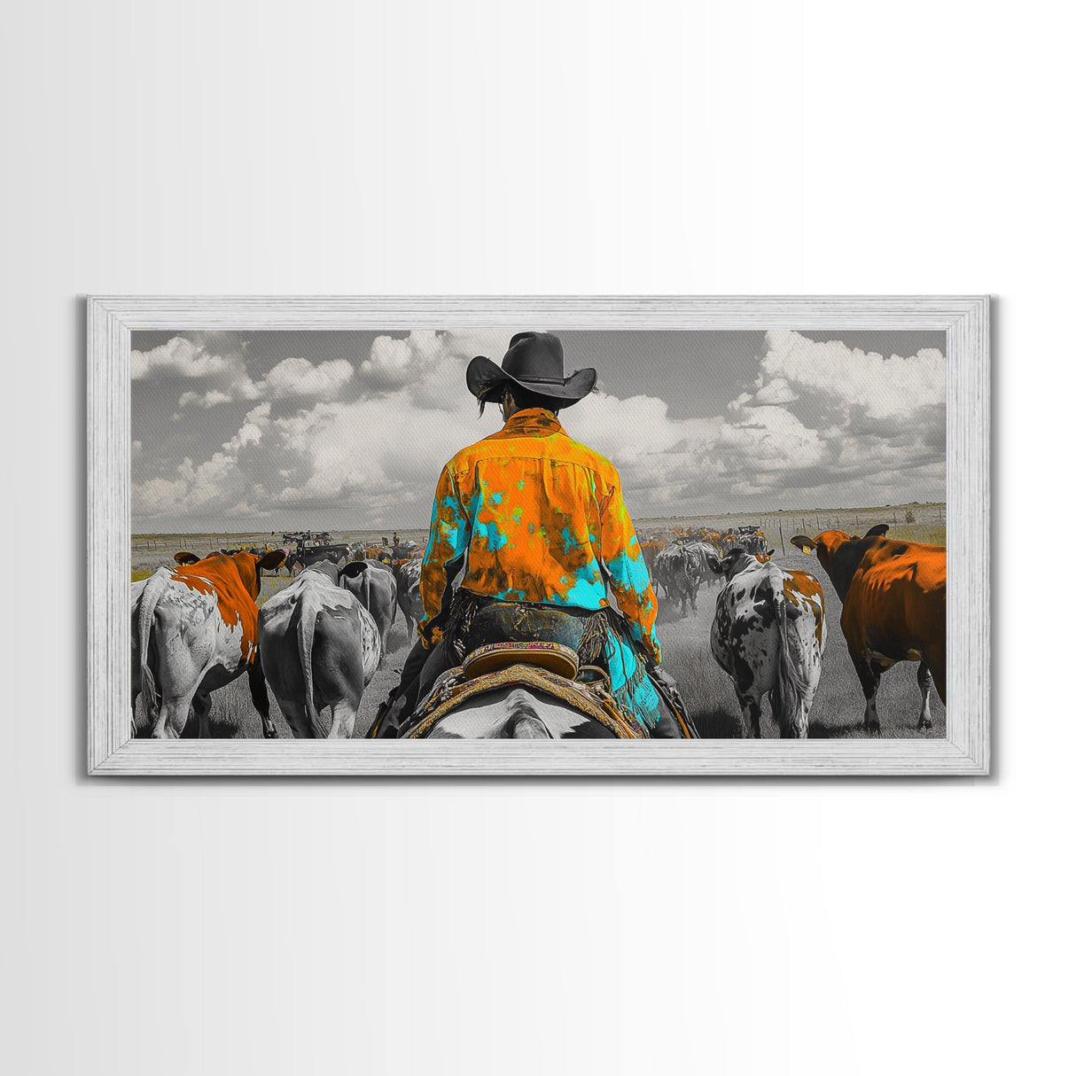 Western Cowboy Herding Canvas Print Rustic Wall Art Southwest Wall Art Black Cowgirl Painting Farmhouse Art Extra Wide Panoramic Art