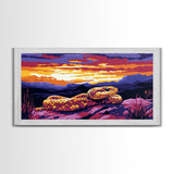 Rattlesnake Sunset, wildlife painting, southwest wall art, mountain painting, rustic decor, panoramic art, Framed Canvas Print, farmhouse art
