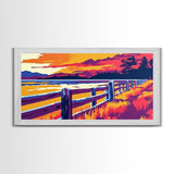 Western Fence, rustic wall art, landscape painting, panoramic art, extra wide art, farmhouse decor, scenic art, Framed Canvas Print, gift idea