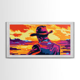 Cowboy, western silhouette, sunset art, ranch aesthetic, moody wall art, bold colors, extra wide art, rustic decor, framed canvas print