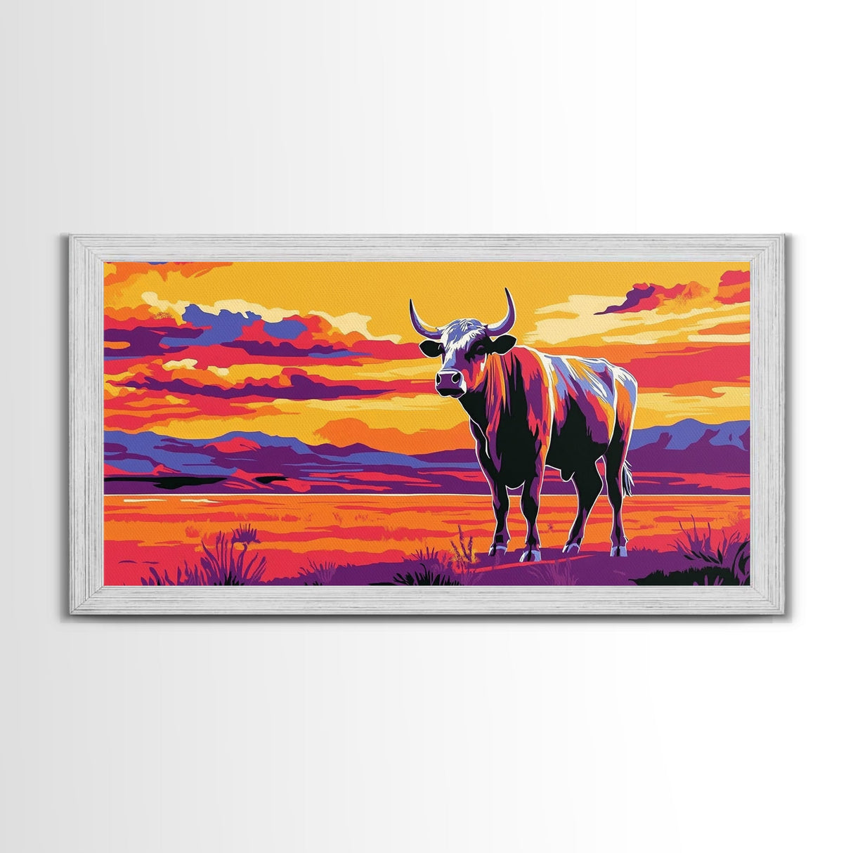 Bull, cattle, western ranch, cowboy lifestyle, moody colors, rustic home decor, scenic landscape, extra wide art, canvas print
