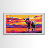 Bull, cattle, western ranch, cowboy lifestyle, moody colors, rustic home decor, scenic landscape, extra wide art, canvas print