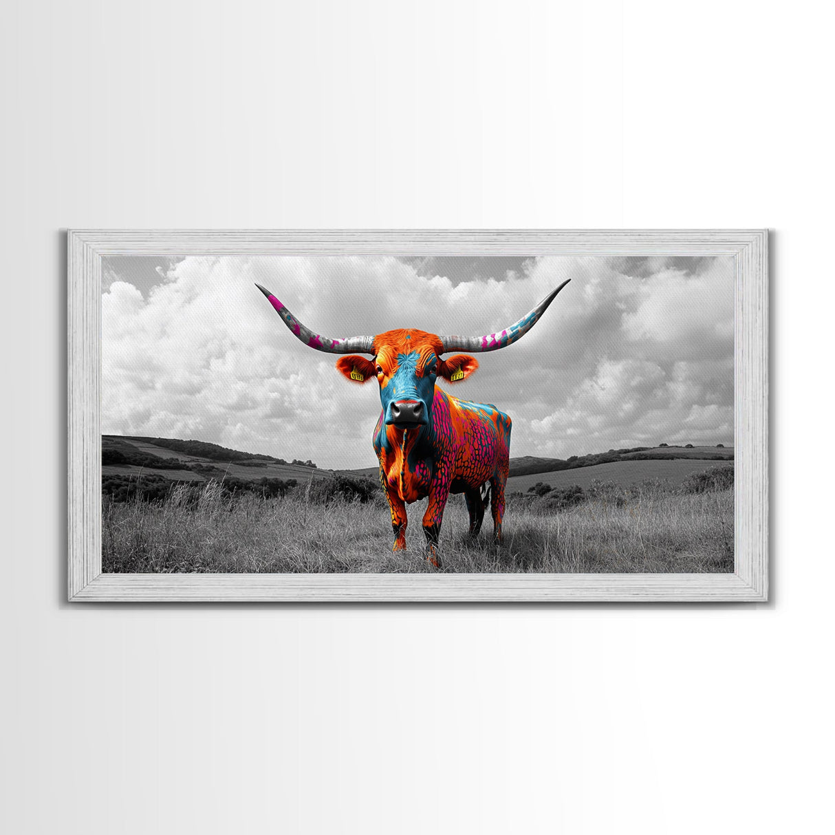 Psychedelic Longhorn Art Framed Canvas Print Vibrant Whimsical Art Southwest Wall Art Gift Idea Above Bed Art Rustic Decor
