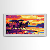 Horse carriage, old west, sunset scene, rustic western art, nostalgic painting, moody colors, extra wide wall art, canvas print