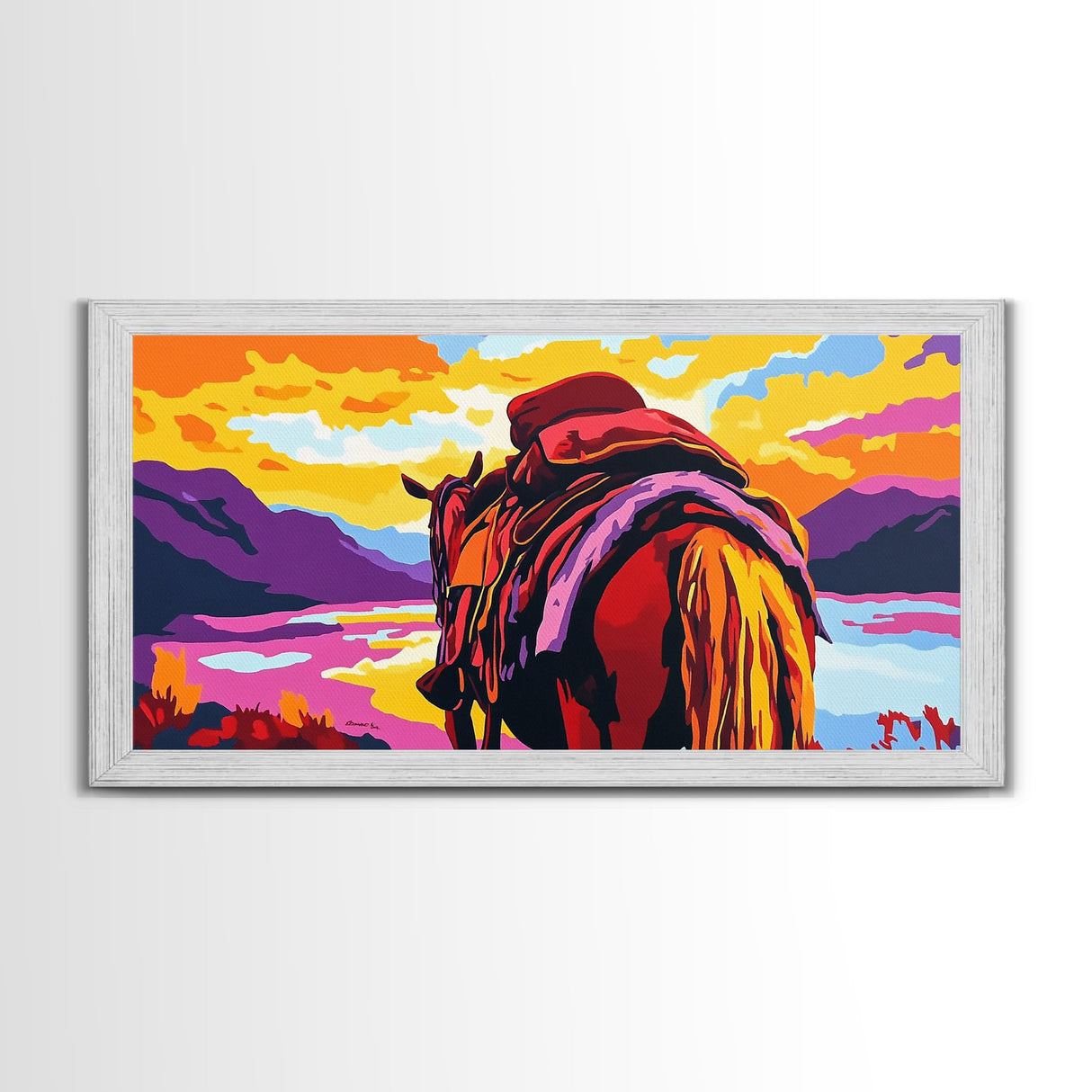 Pack horse, rugged adventure, cowboy aesthetic, mountain sunset, rustic decor, extra wide art, nostalgic western, framed canvas print