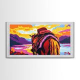 Pack horse, rugged adventure, cowboy aesthetic, mountain sunset, rustic decor, extra wide art, nostalgic western, framed canvas print