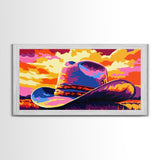 Cowboy hat, western decor, rustic style, bold colors, country aesthetic, southwest wall art, moody sunset, framed canvas print