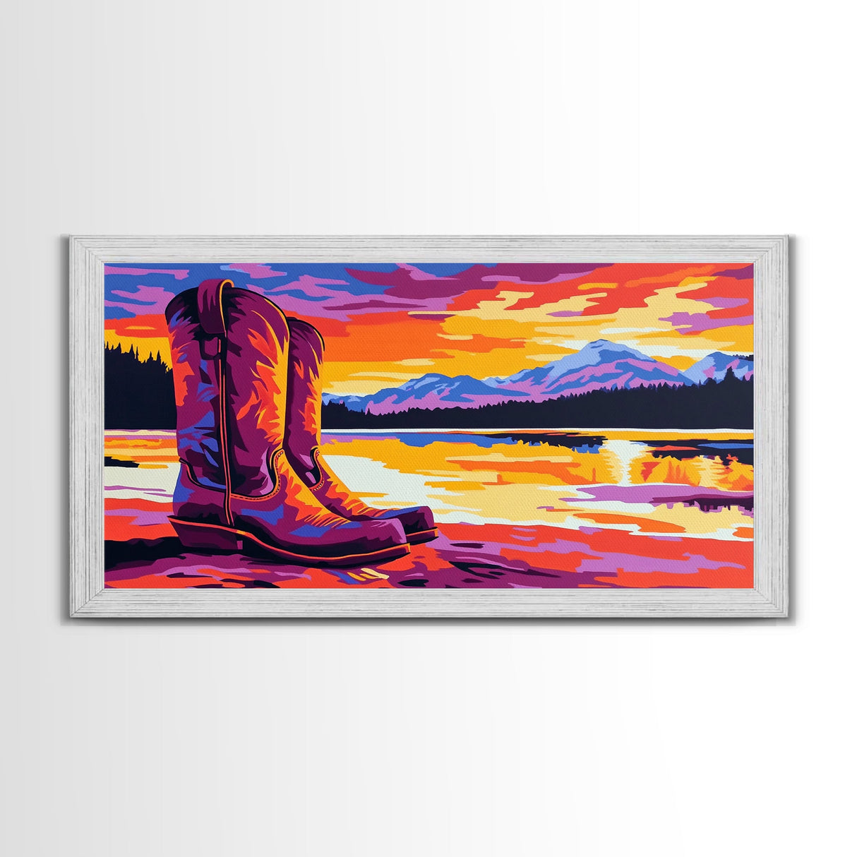 Cowboy boots, lake sunset, mountain painting, rustic western art, farmhouse decor, vibrant colors, extra wide art, canvas print