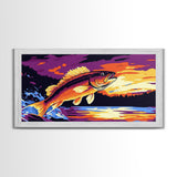 Jumping Bass, Fly Fishing Art, Rustic Decor, Horizontal Wall Art, Landscape Painting, Framed Canvas Print, Above Couch Art, Nautical Decor