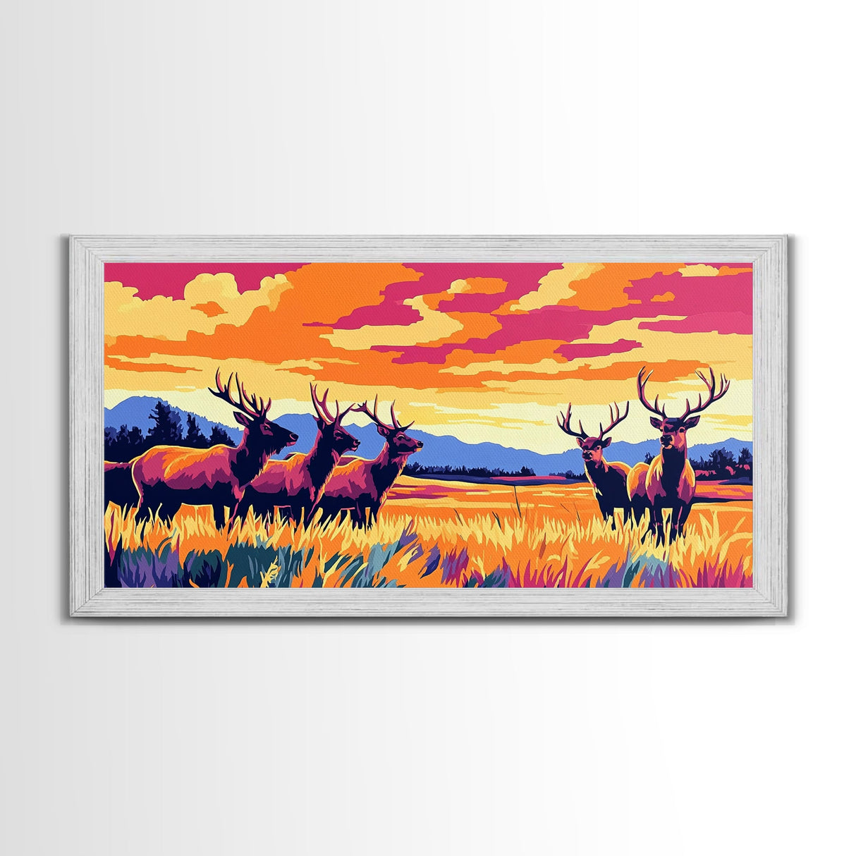 Autumn Elk, wildlife painting, deer drinking water in forest painting, rustic decor, farmhouse art, landscape painting, framed canvas print