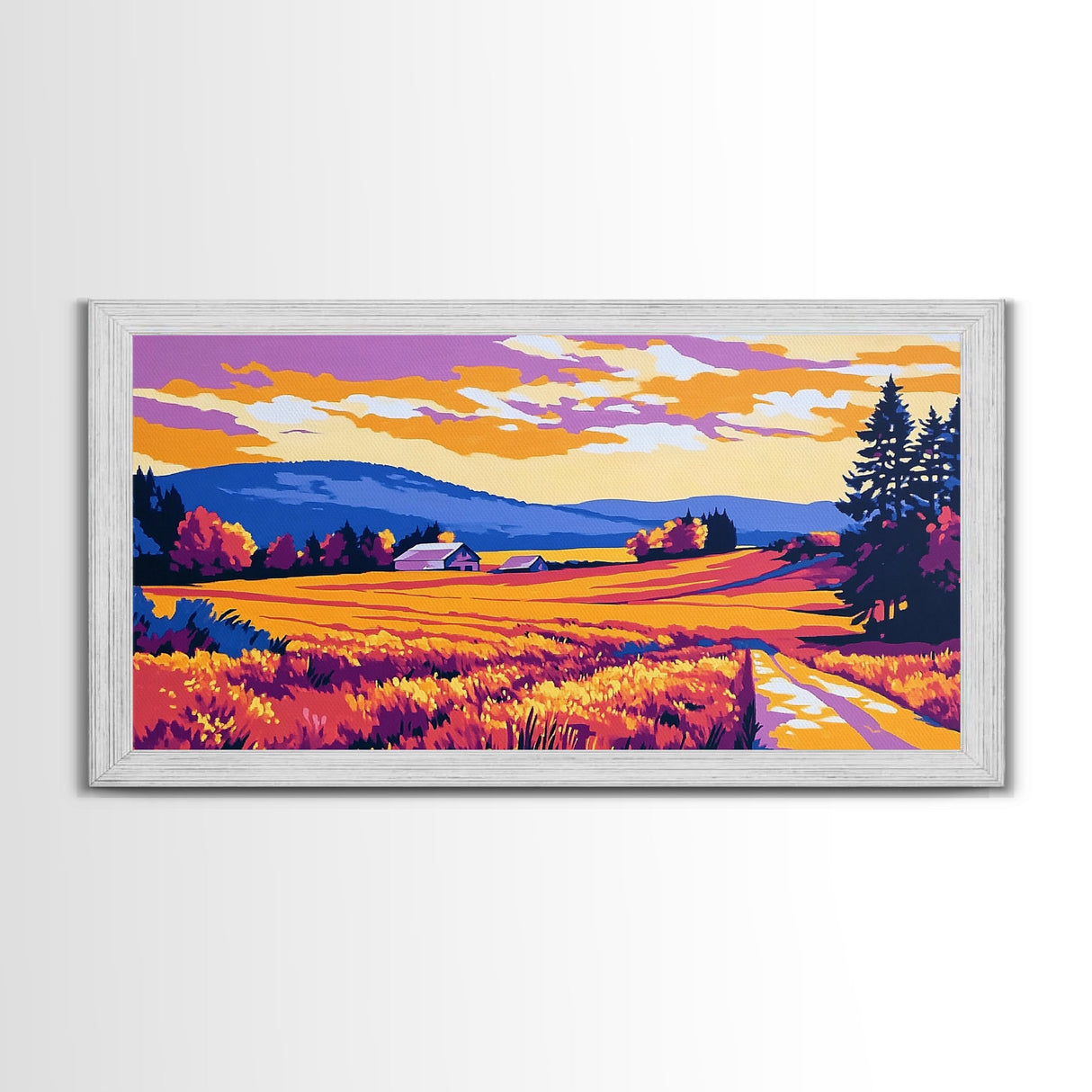 Mountain Landscape Art, pink orange wall art, sunset painting, extra wide art, panoramic art, landscape painting, canvas print
