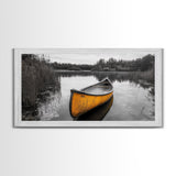 Rustic Canoe on Lake, coastal landscape art, lake Tahoe art, wabi sabi wall art, extra wide art, nautical decor, rustic art, Framed Canvas Print