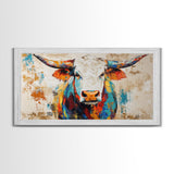 Vibrant Bull Art, rustic decor, extra wide art, farmhouse art, bold color wall art, southwestern painting, framed canvas print, modern rustic art