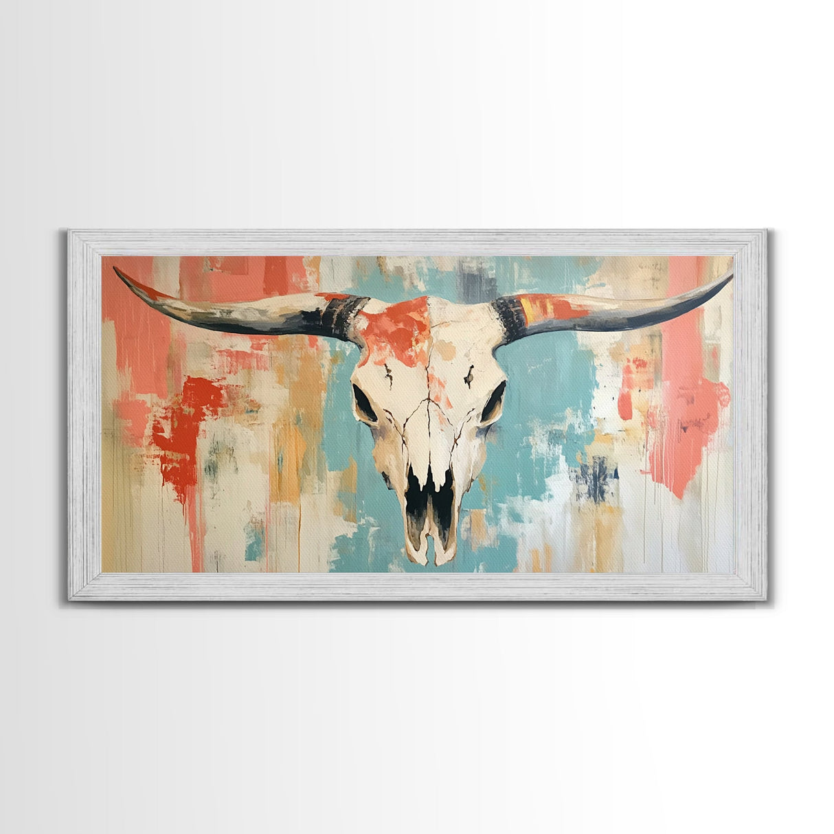 Longhorn Skull Art, southwest wall art, boho art, rustic decor, skull art, extra wide art, wabi sabi art, framed canvas print, farmhouse art